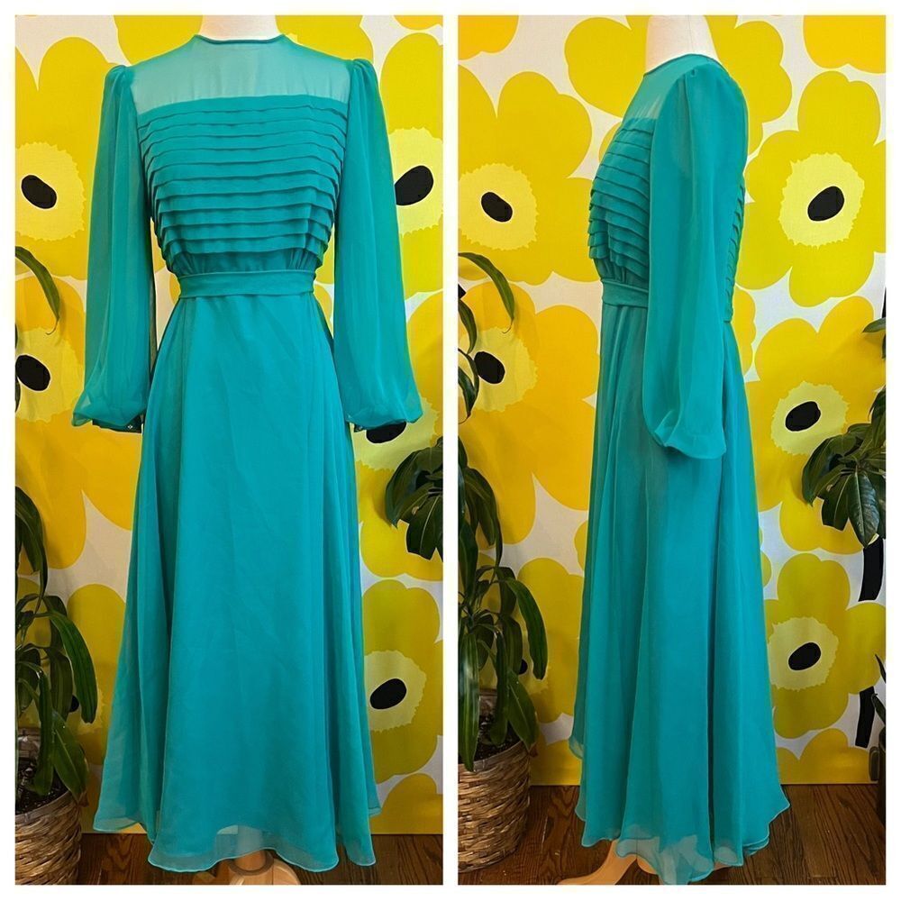 Vintage 1970s Peacock Teal Pleated Chiffon Sheer Balloon Sleeve Maxi Gown
